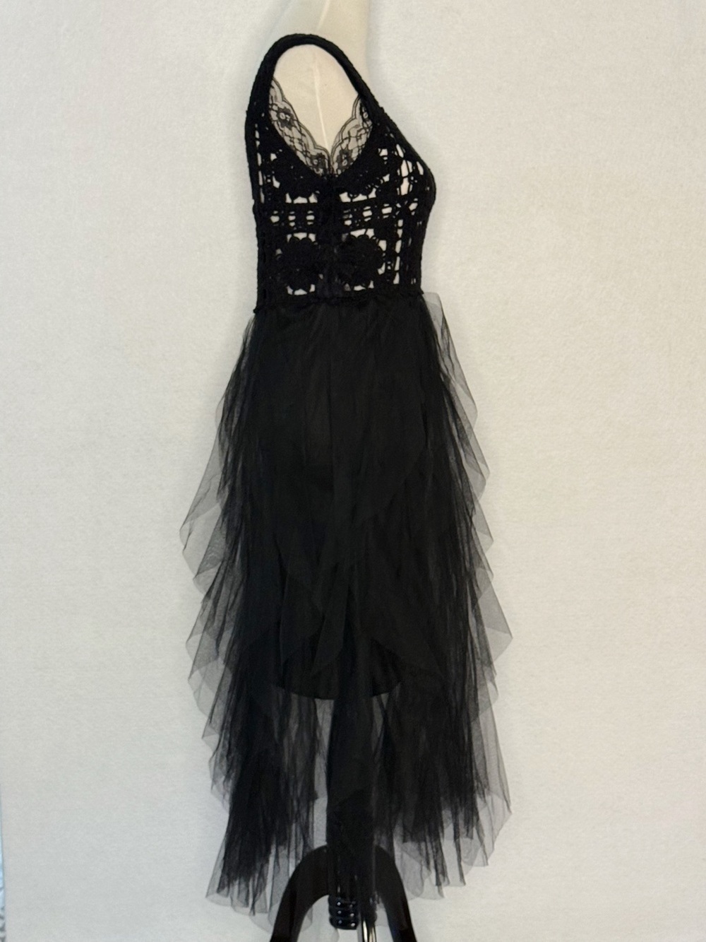 POL One Black Crochet Lace Tulle High Low Dress Boho Fairycore Romantic Gothic - Picture 5 of 12